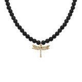 Black Onyx Diamond Dragonfly Necklace, Gold