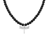 Black Onyx Diamond Dragonfly Necklace, Silver