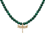 Malachite Diamond Dragonfly Necklace, Gold