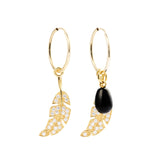 Leaf & Drop Hoops, Gold with Black Onyx