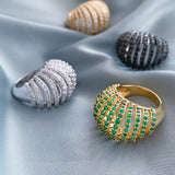 Ribbed VOID Ring, Gold with Green Stones