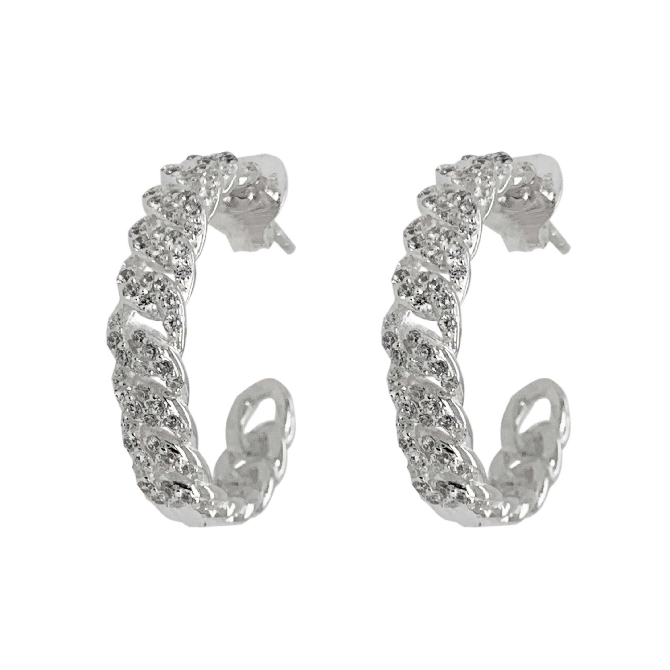 Sterling silver hoops chain look 25mm with cubic zirconia