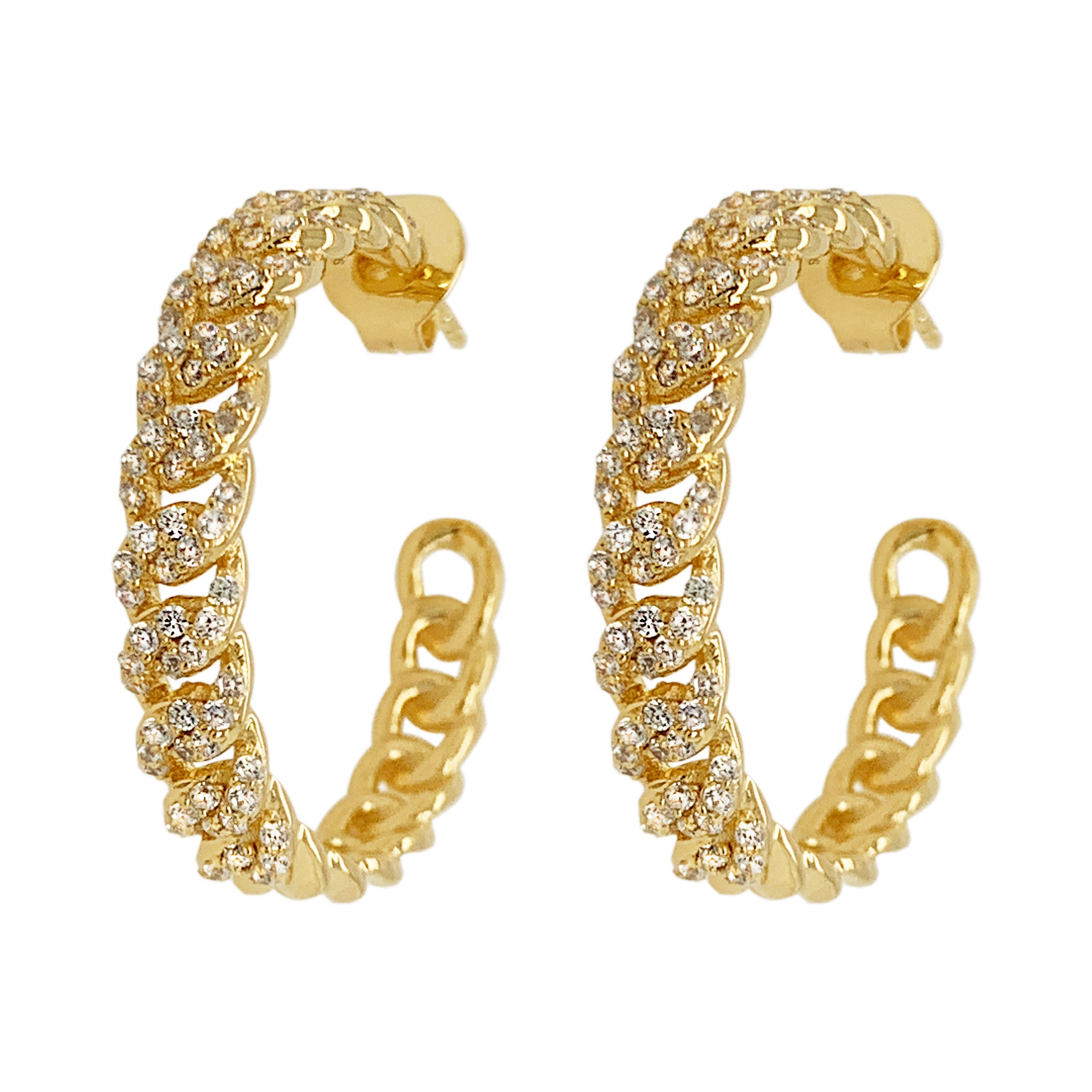 Gold hoops chain look 30mm with cubic zirconia
